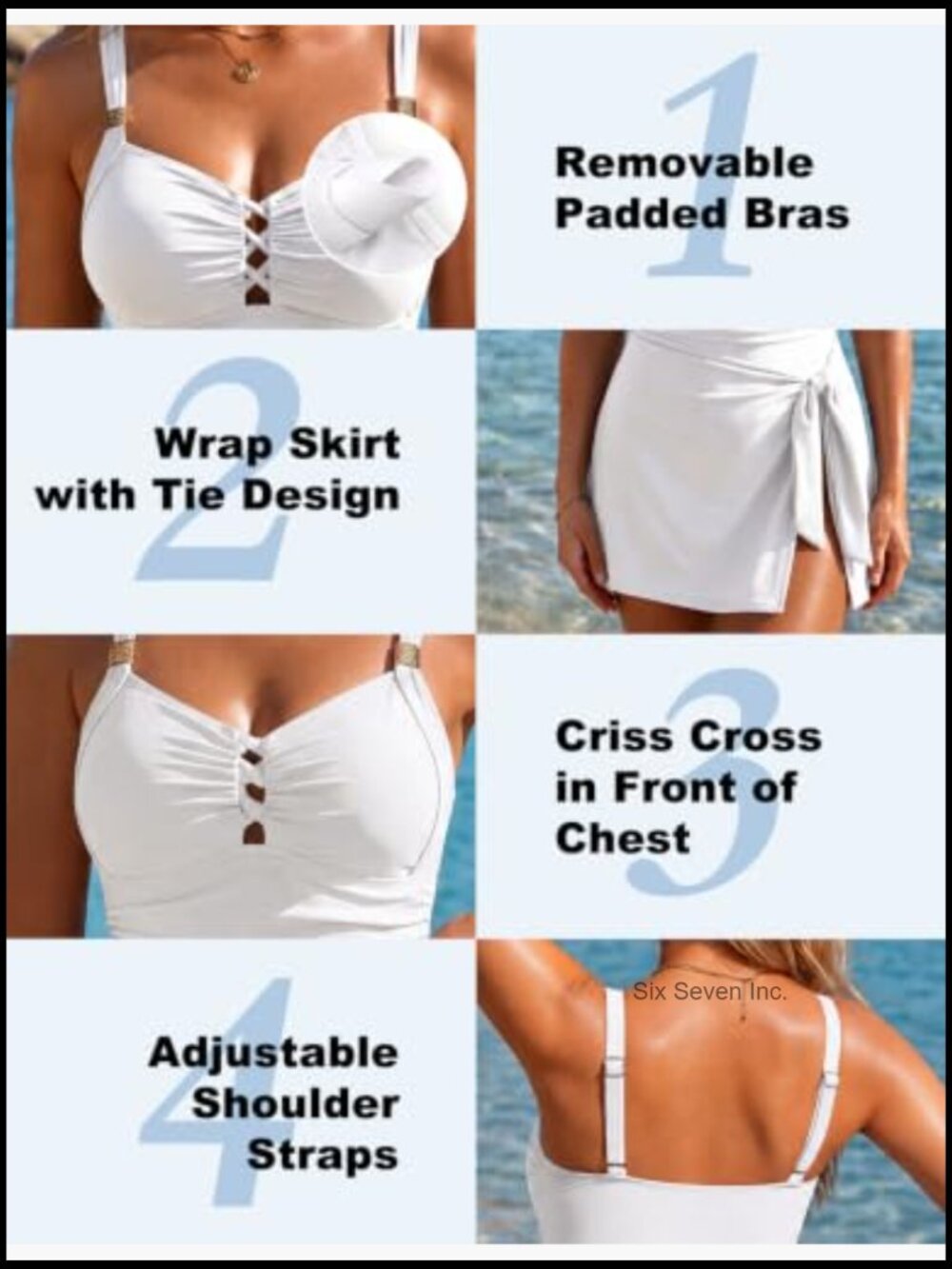 One Piece Swimsuit Tummy Control Swim Dress Square Neck - Removable Pads - Picture 5 of 7